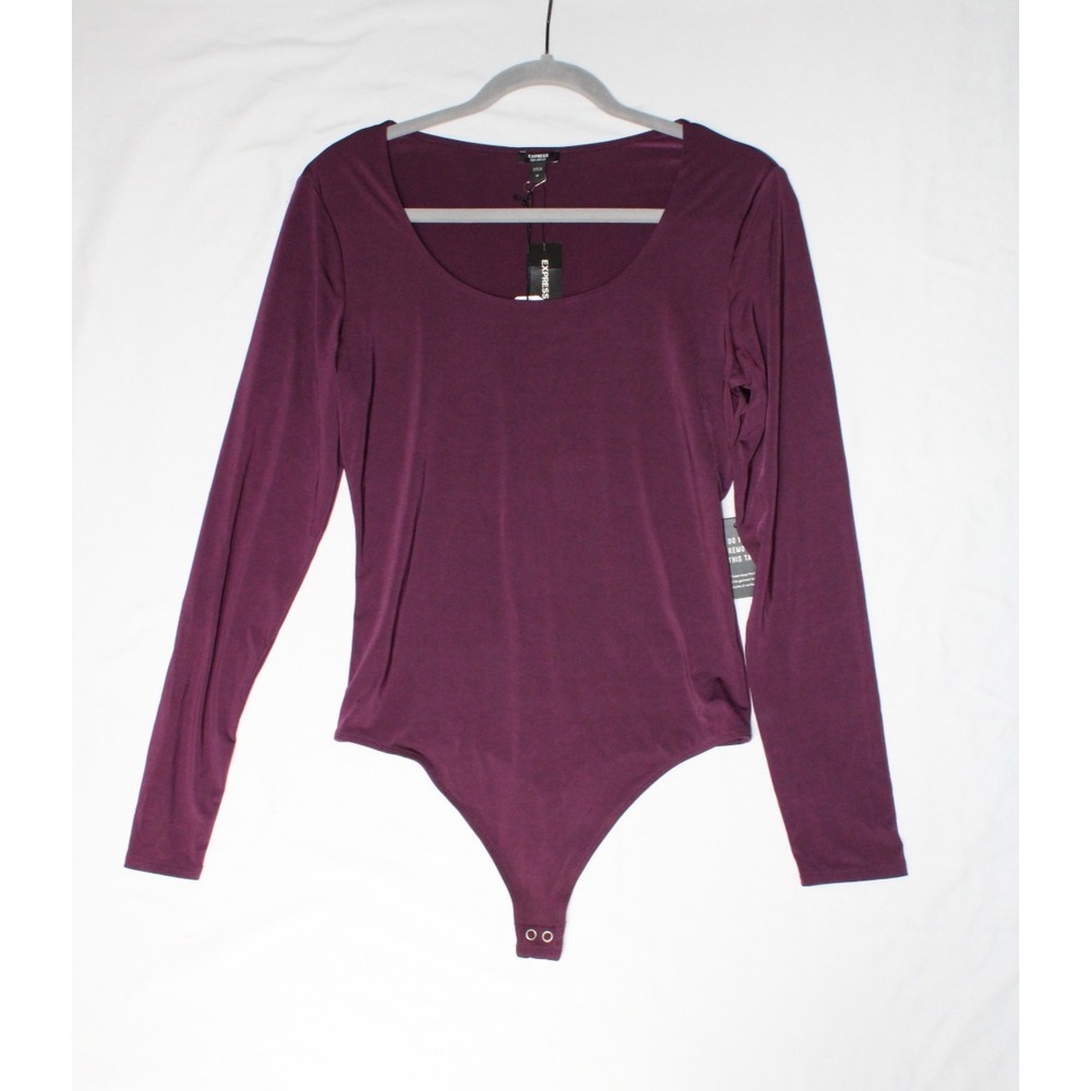 Express Womens Plum Long Sleeve Scoop Neck Compression Bodysuit Thong Medium NWT